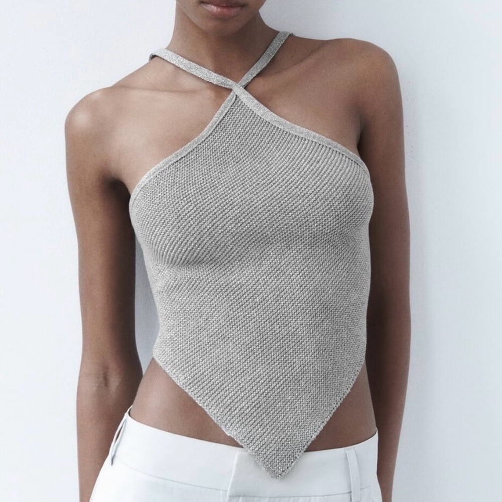 Zara Silver Gray Asymmetric Halter Knit Tank | Size Small